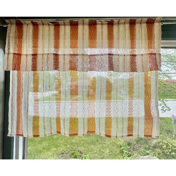 Vintage 70s curtain, pumpkin orange & white stripes, ruffled top, mesh net panel - Picture 1 of 8